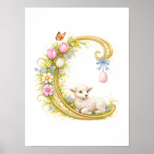 Poster Carta de berçário C Cordeiro Bebê Inicial Dourado