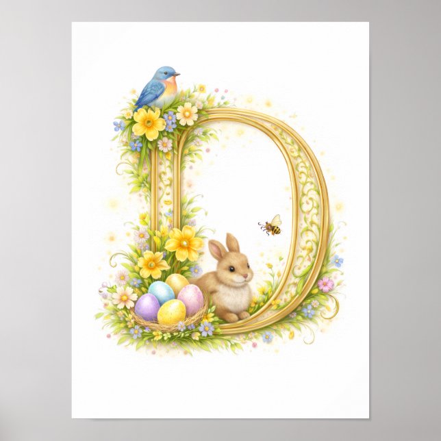 Poster Carta de Berçário Coelho Bunny Inicial Dourado Flo (Frente)