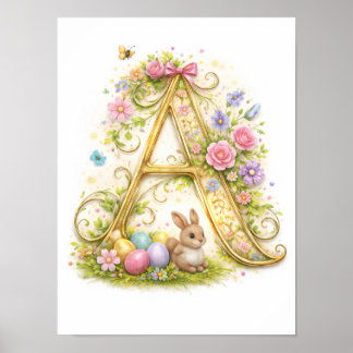 Poster Carta de Berçário Inicial Bebê A Dourado Floral