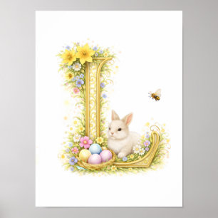 Poster Carta de berçário L Coelho bebê inicial dourado fl