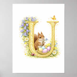 Poster Carta de Berçário U Esquilo Inicial Dourado Floral