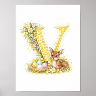 Poster Carta de Berçário V Floral Dourada Inicial Fawn Be