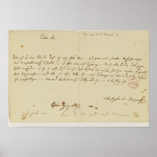 Pôster Carta de Mozart a freemason, janeiro de 1786 (Frente)