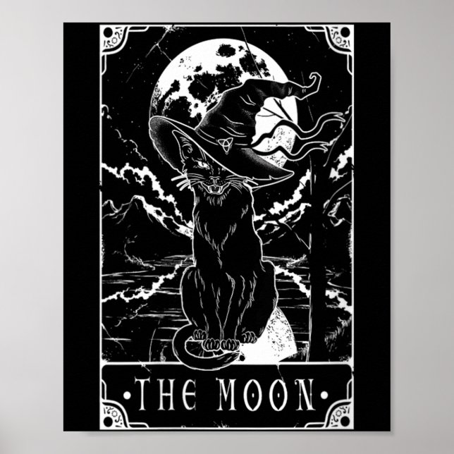 Poster Carta de Tarot Feminina Lua Crescente e Gato Preto (Frente)