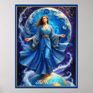 Poster Carta de Tarot, o Mundo, em Azul Profundo