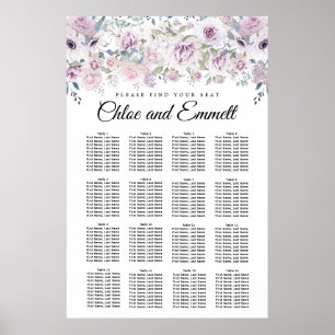 Poster Carta floral branca roxa do assento do casamento