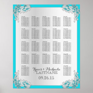 Pôster Carta floral de prata do assento do casamento
