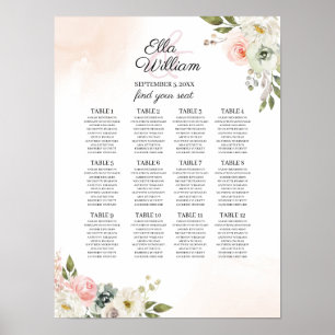 Poster Carta floral do assento do pêssego & do casamento