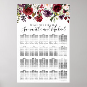 Poster Carta floral vermelha do assento do casamento