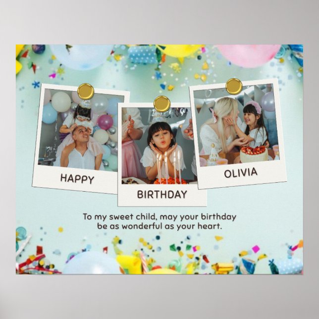 Poster Cartão de Aniversário Personalizado com 3 Fotos (Frente)