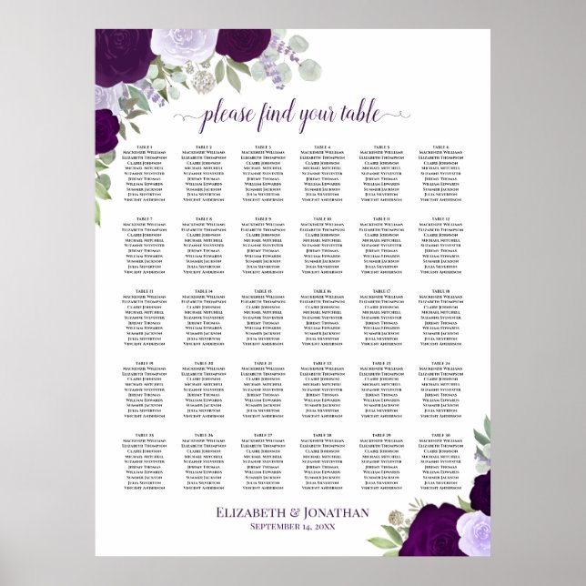 Poster Cartão de Assentos de Casamento Chic com Rosas Rox (Frente)