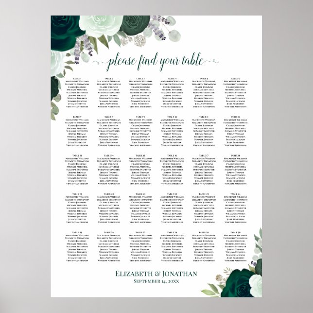 Poster Cartão de Assentos de Casamento Chic Rosas Esmeral (Frente)