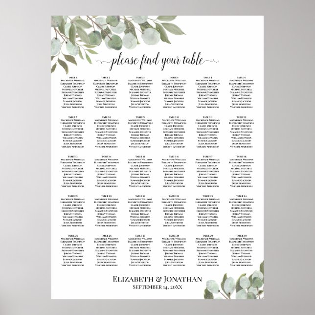 Poster Cartão de Assentos de Casamento com Folhas de Euca (Frente)