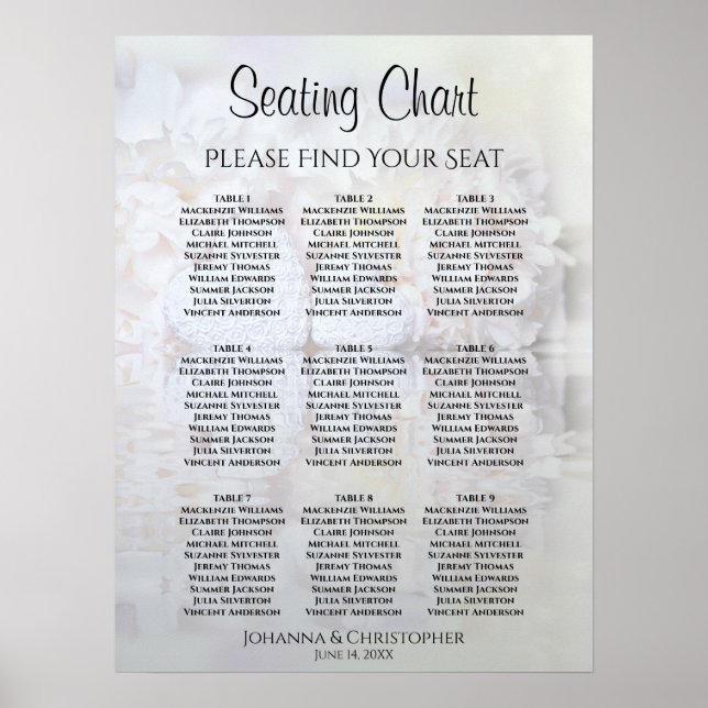 Poster Cartão de Assentos para Casamento com 9 Mesas Flor (Frente)