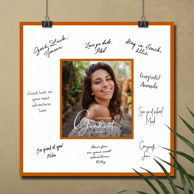 Poster Cartão de Autógrafo de Formatura com Borda Laranja (Graduation autograph photo poster with burnt orange border, INSTANT DOWNLOAD and/or PRINTED)