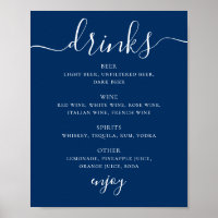 Cartão de Bebidas de Casamento Azul Marinho | Menu