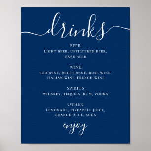 Poster Cartão de Bebidas de Casamento Azul Marinho Menu