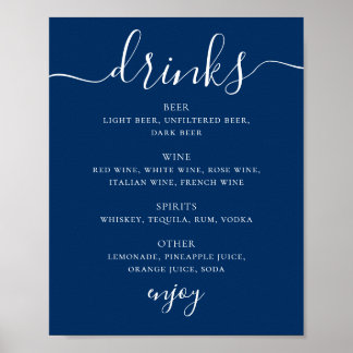 Poster Cartão de Bebidas de Casamento Azul Marinho | Menu