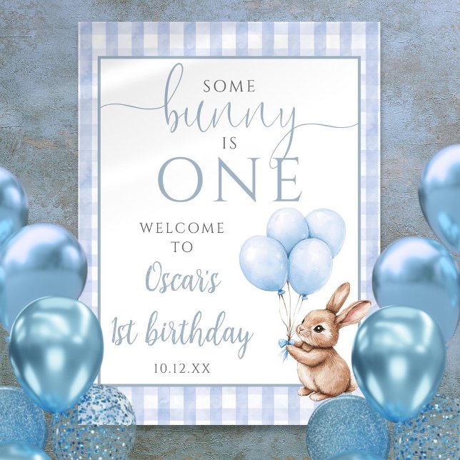 Poster Cartão de Boas-Vindas de 1º Aniversário do Little  (Little Bunny Blue 1st Birthday Welcome Sign)