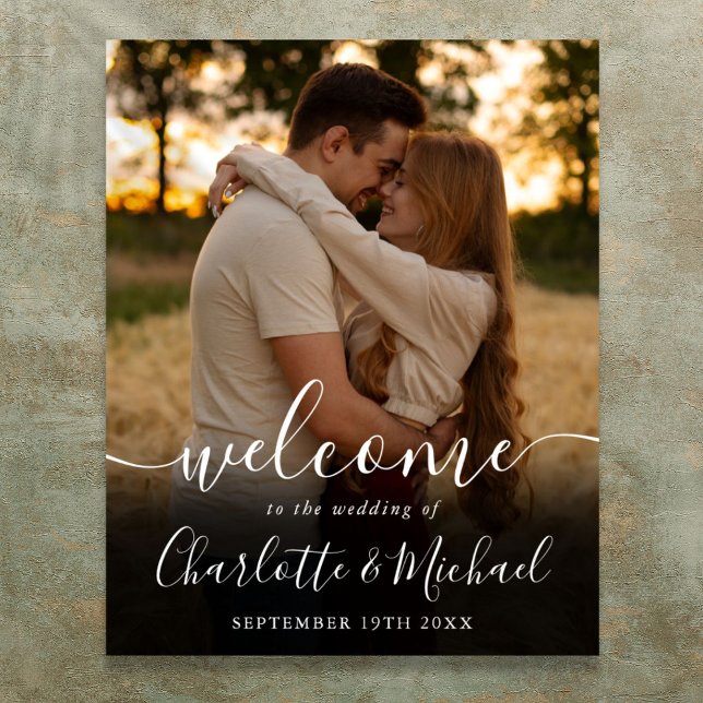 Poster Cartão de Boas-Vindas de Casamento com Foto e Assi (Signature Script Photo Wedding Welcome Sign)