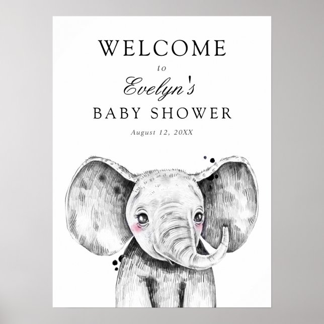 Poster Cartão de Boas-Vindas para Chá de Bebê de Elefante (Frente)