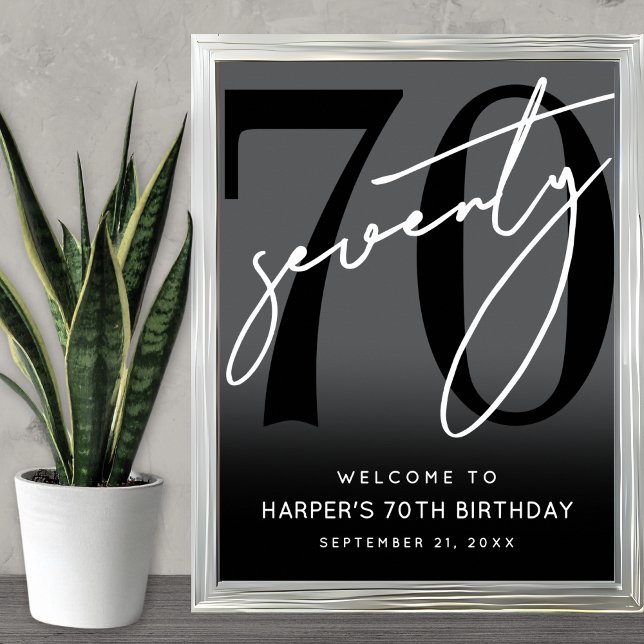 Poster Cartão de Boas-Vindas para Festa de 70 Anos com Te (Modern Black 70th Birthday Party Welcome Sign)