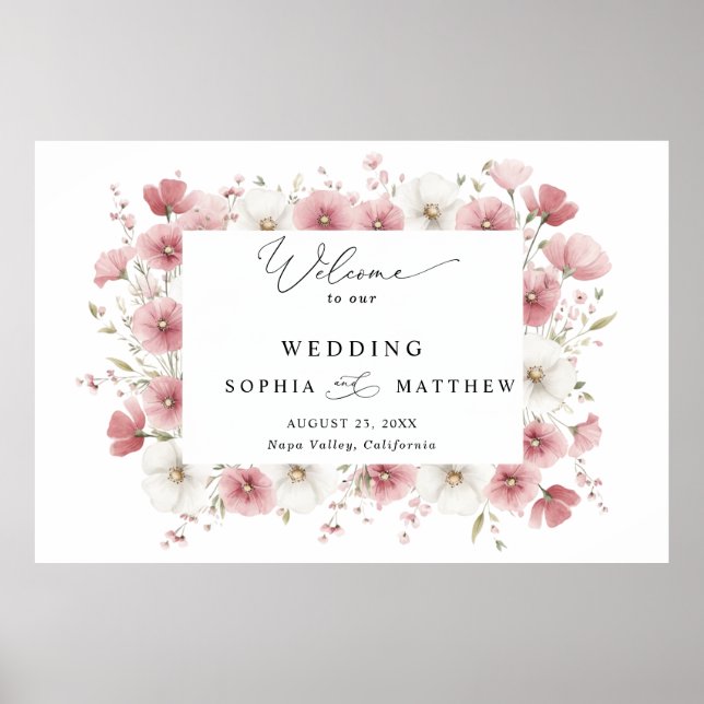 Poster Cartão de Casamento Flores Rosa Selvagem  (Frente)