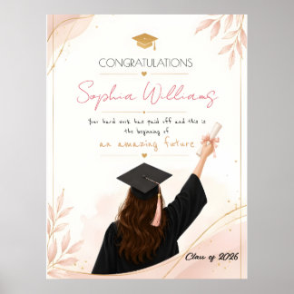 Poster Cartão de formatura floral rosa e dourado rose ele