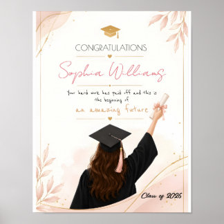 Poster Cartão de formatura floral rosa e dourado rose ele