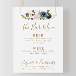 Poster Cartão de Menu de Bar de Casamento com Flores Rosa