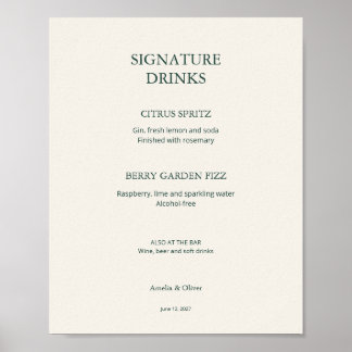 Poster Cartão de Menu de Bebidas de Casamento Ivory Green
