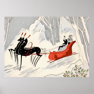 Poster Cartão de Natal Antigo com Passeio de Trenó no Est