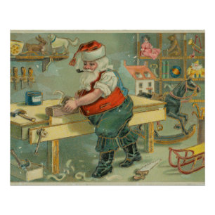 Pôster Cartão de Natal Antigo - Papai Noel em sua Oficina