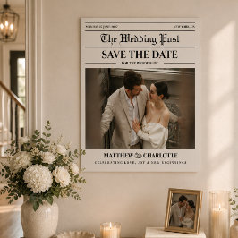 Poster Cartão de Save the Date de Casamento em Jornal Beg