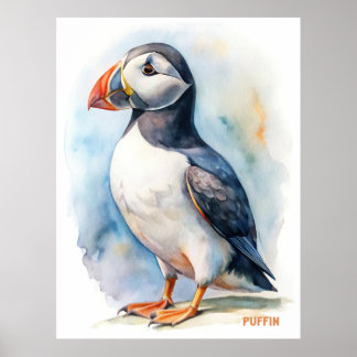 Poster Cartão-postal de pintura aquosa de pássaro Puffin
