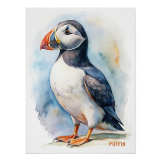 Pôster Cartão-postal de pintura aquosa de pássaro Puffin