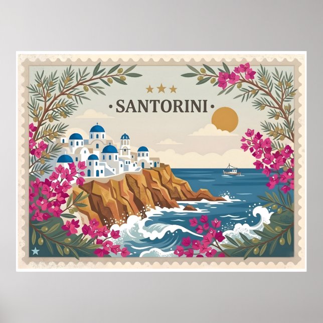 Poster Cartão Postal de Viagem Antigo de Santorini Grécia (Frente)
