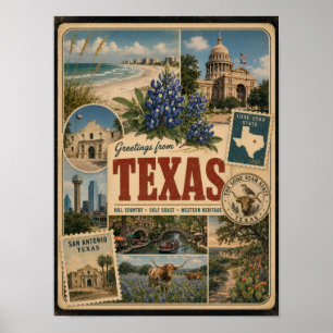 Poster Cartão postal Texas autêntico em estilo vintage