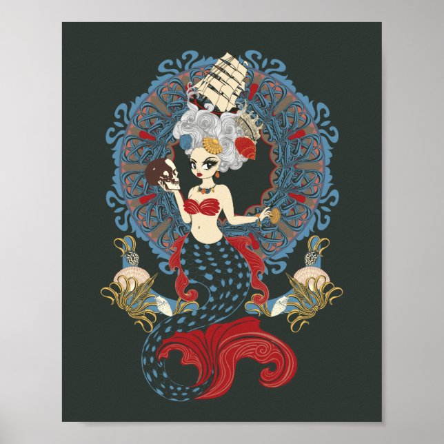 Poster Cartão Rococo Mermaid art nouveau (Frente)