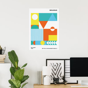 Poster Cartaz Abstrato Bauhaus Laranja Azul Turquesa