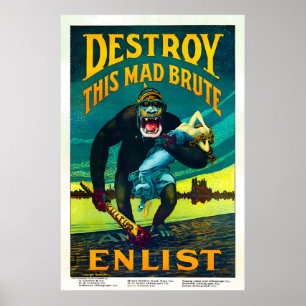 Poster Cartaz Antialemão Vintage WW1 Destrua Este Louco