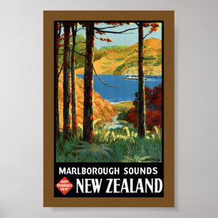 Poster Cartaz Antigo da Nova Zelândia Marlborough Sounds