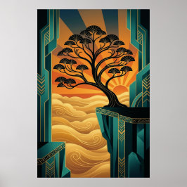 Poster Cartaz Art Déco de árvore Ginkgo na falésia do oce