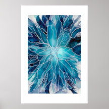Cartaz - Arte em Tinta Alcoólica Flor Azul Branco