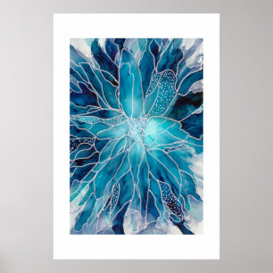 Poster Cartaz - Arte em Tinta Alcoólica Flor Azul Branco