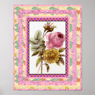 Pôster Cartaz Arte Vintage Flores Rosa Com Moldura