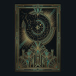 Poster Cartaz Astrólabo Celestial Art Déco | Dourado Verd<br><div class="desc">Explore os mistérios do cosmos com o pôster do Astrolábio "Aura Celestial". Este design intrincado apresenta um motor celestial central, completo com planetas em órbita e uma estrela da lua crescente, cercado por mapas de constelações meticulosamente detalhados. Abaixo dos céus, há uma grandiosa estrutura Art Déco simétrica composta por motivos...</div>