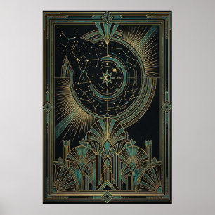 Poster Cartaz Astrólabo Celestial Art Déco   Dourado Verd