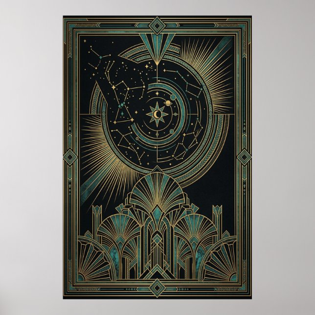 Poster Cartaz Astrólabo Celestial Art Déco | Dourado Verd (Frente)