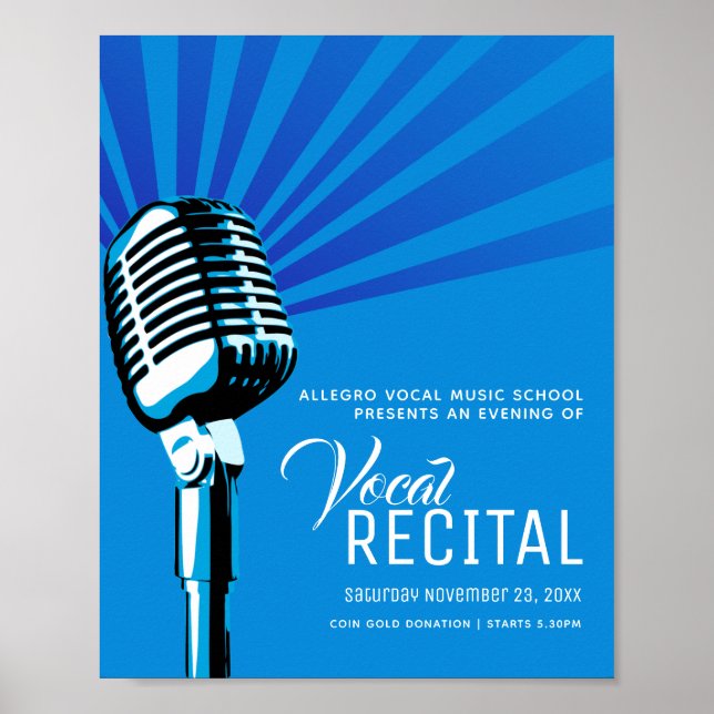 Poster Cartaz azul de recital vocal clássico de microfone (Frente)